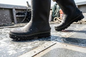 Angler wearing non-slip fishing shoes gripping a wet, slippery boat deck.