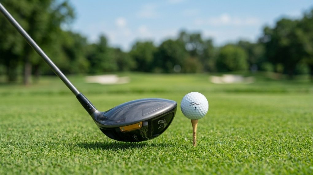 A white golf ball resting on a wooden tee in green grass.