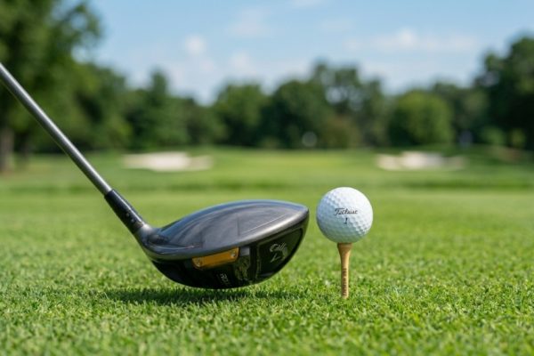 A white golf ball resting on a wooden tee in green grass.