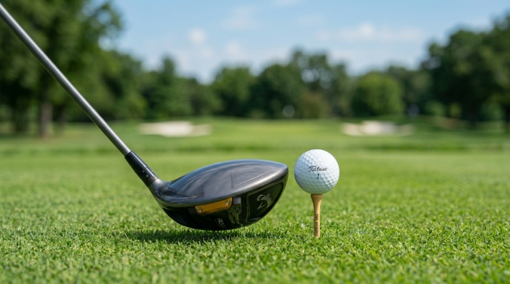 A white golf ball resting on a wooden tee in green grass.