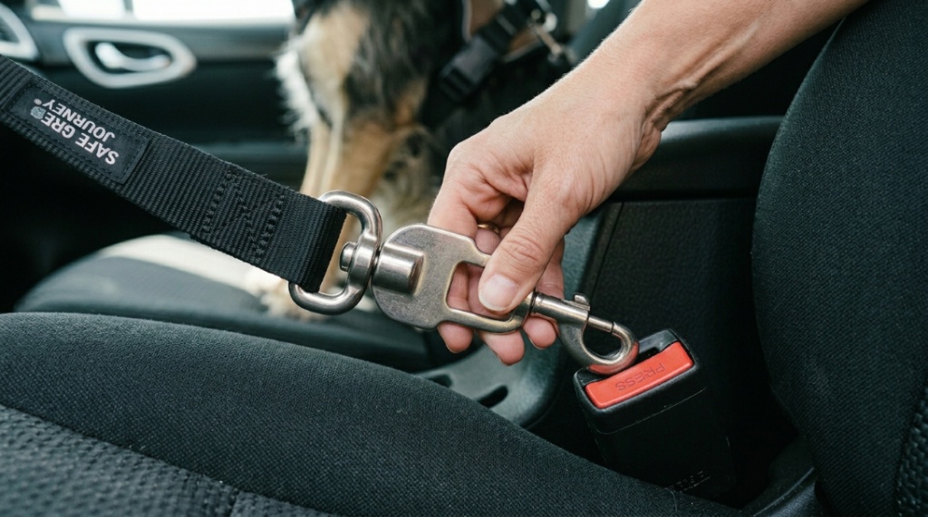 A hand clicking a durable dog seat belt tether into a car seat buckle.
