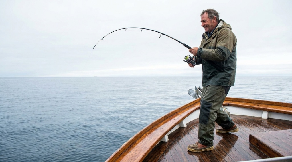  Fisherman standing securely on a wet boat bow while casting a line.