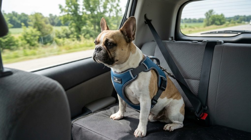 A happy Golden Retriever sitting safely in a car backseat wearing a secure harness.