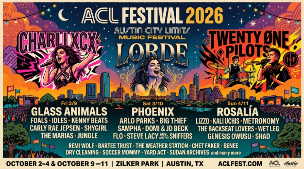 ACL Festival 2026 lineup poster featuring Charli XCX Lorde Twenty One Pilots