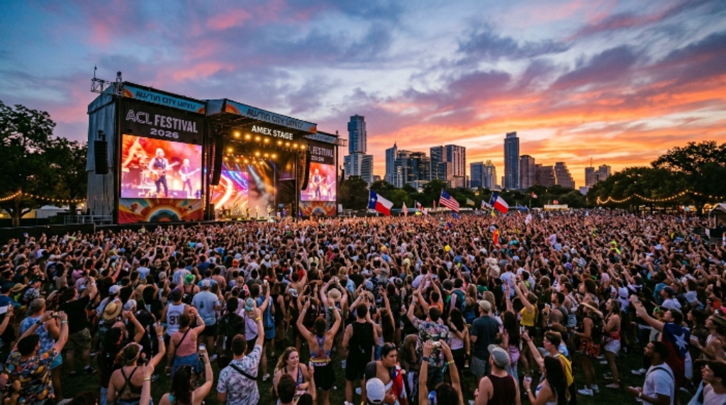 ACL Festival 2026 crowd at Zilker Park Austin Texas main stage sunset