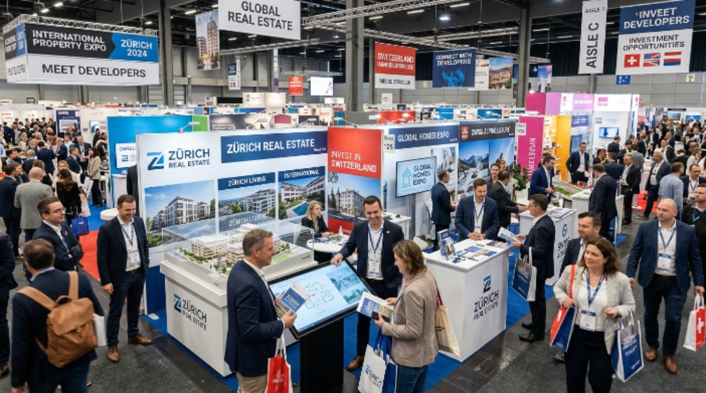 International property expo floor with visitors meeting developers at exhibition stands in Zurich