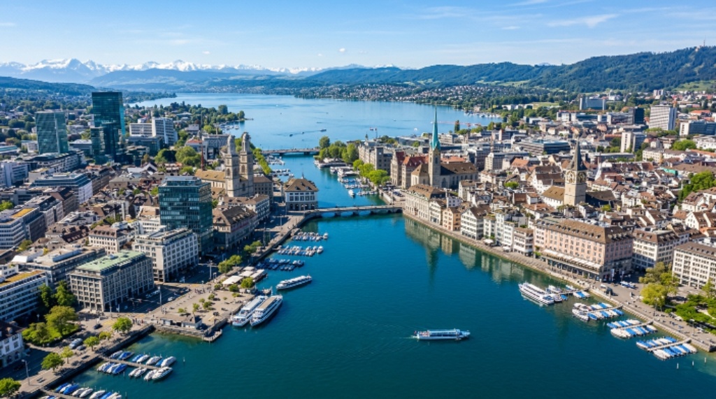 Aerial view of Zurich city skyline with Lake Zurich reflecting modern buildings on a clear day