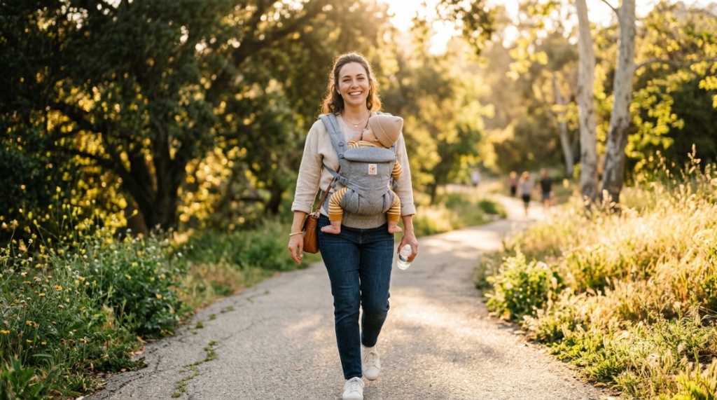 A happy mother wearing a comfortable ergonomic baby carrier outdoors in California.
