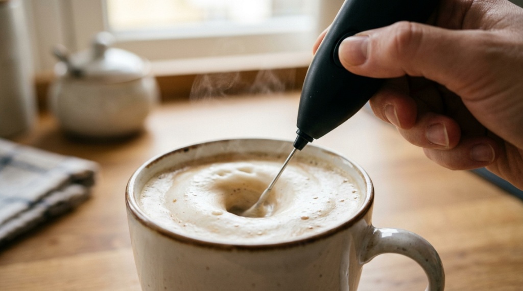 Pouring frothed milk from a small metal pitcher into coffee.