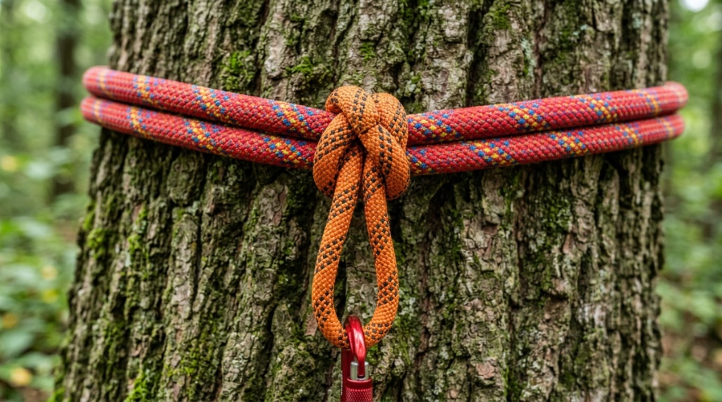 Close up of a securely tied prusik knot on a dynamic climbing rope.