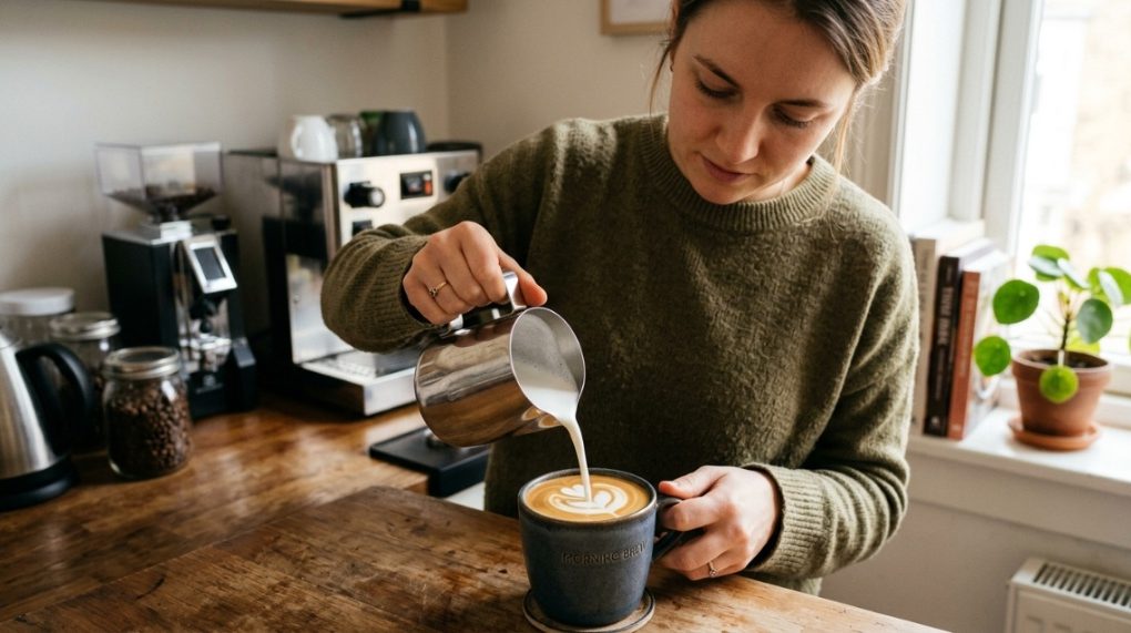 Handheld milk frother whipping foam in a ceramic coffee mug.