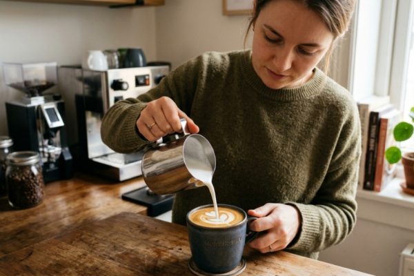 Handheld milk frother whipping foam in a ceramic coffee mug.