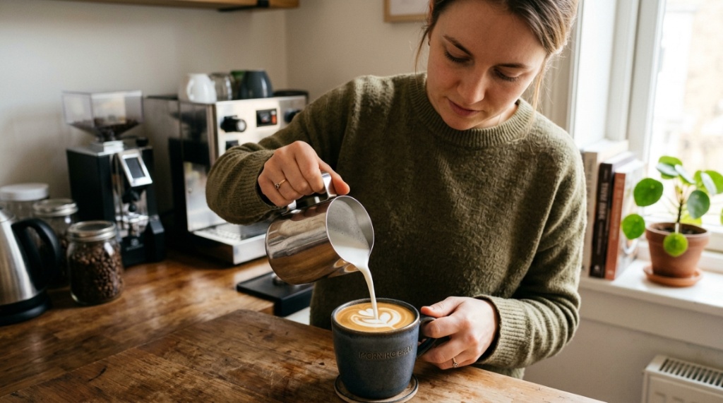 Handheld milk frother whipping foam in a ceramic coffee mug.