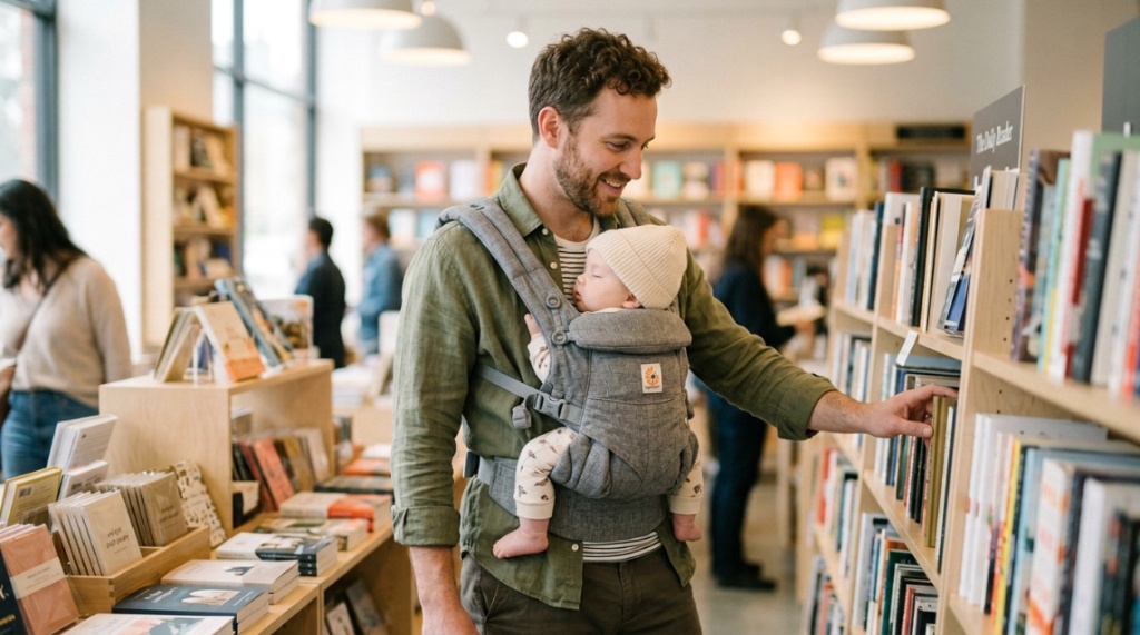Father carrying a sleeping infant in an affordable front carrier while shopping.