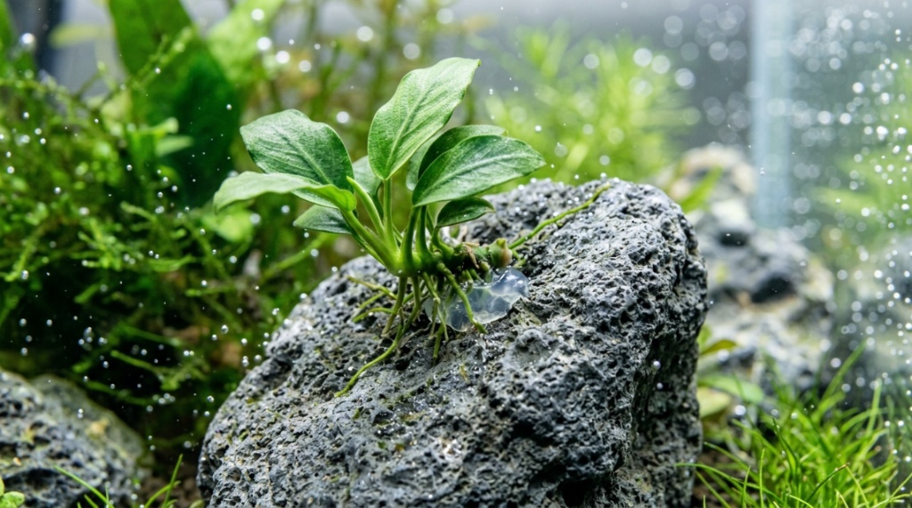 Anubias plant securely attached to an underwater stone using aquarium glue.
