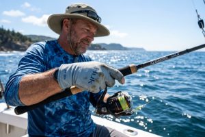 Fisherman wearing sun-protective fishing gloves on a sunny day.