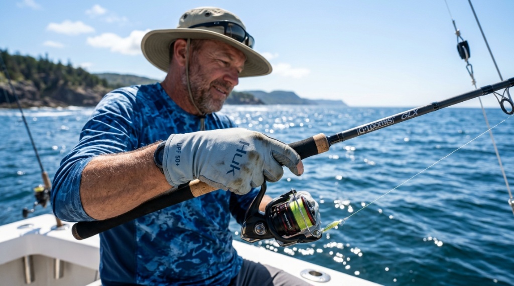 Fisherman wearing sun-protective fishing gloves on a sunny day.