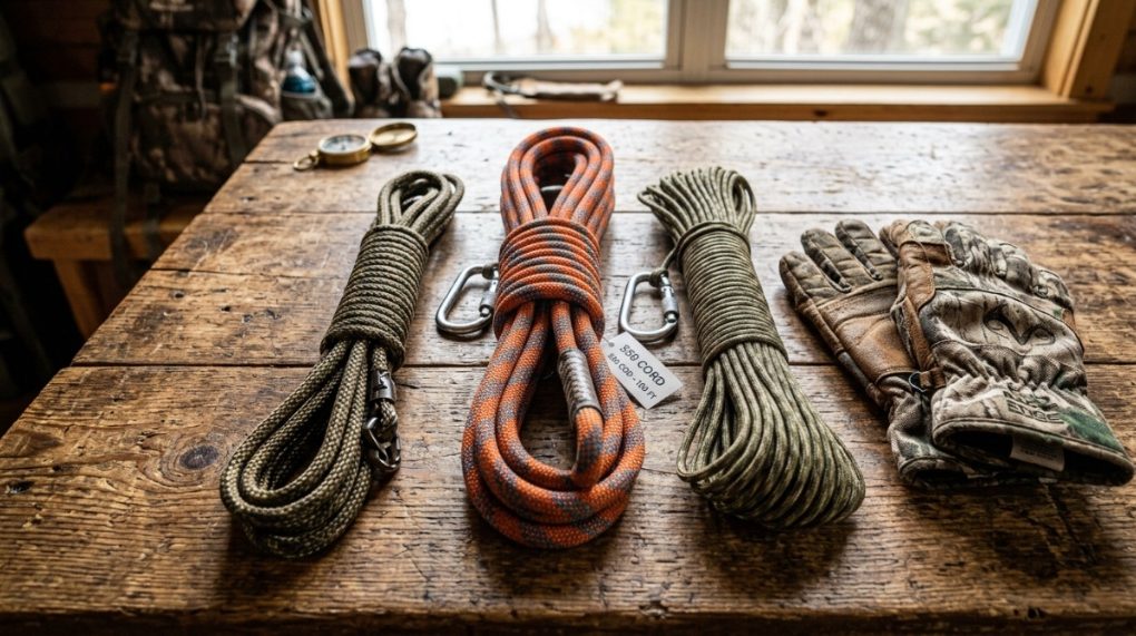 Three different types of hunting ropes laid out on a rustic wooden table.