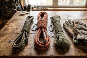 Three different types of hunting ropes laid out on a rustic wooden table.