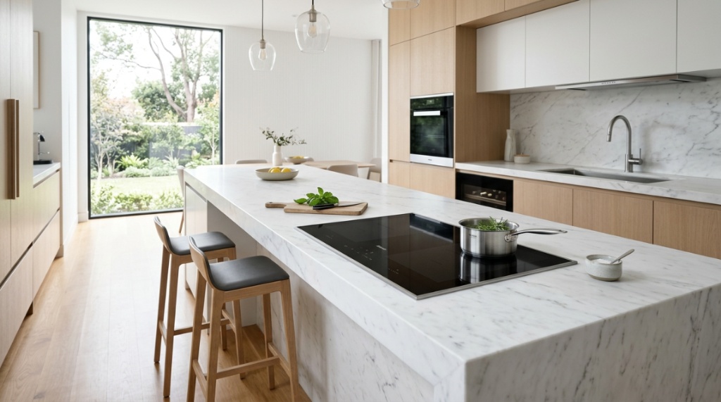 Minimalist touch-control induction stove integrated seamlessly into a bright white marble kitchen island.