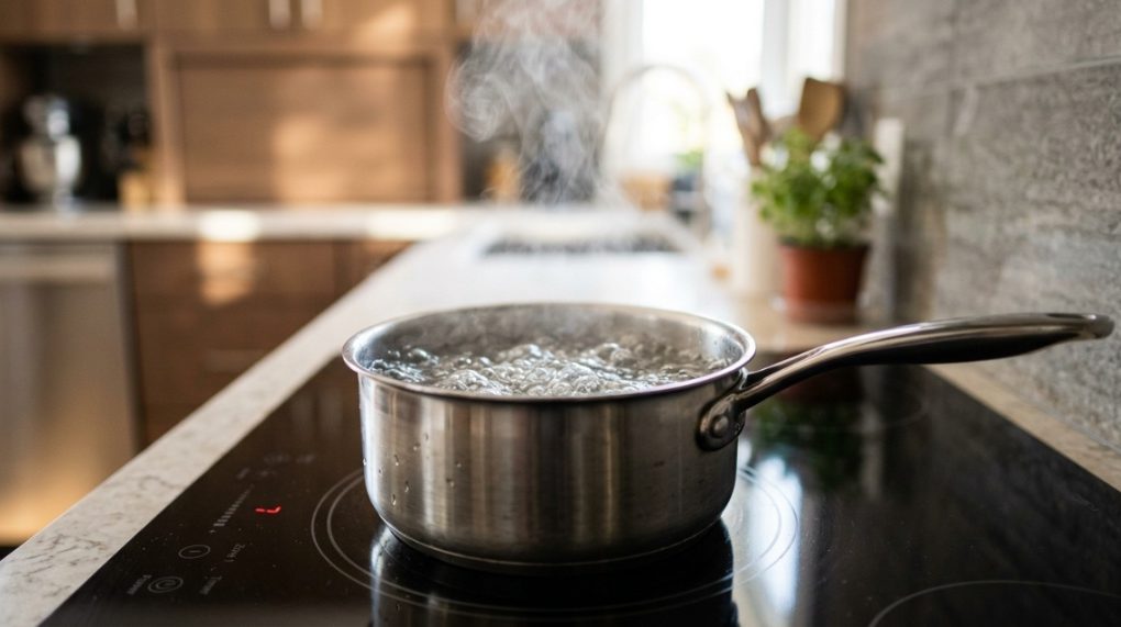 sleek kitchen featuring a built-in black glass induction cooktop on a clean countertop.