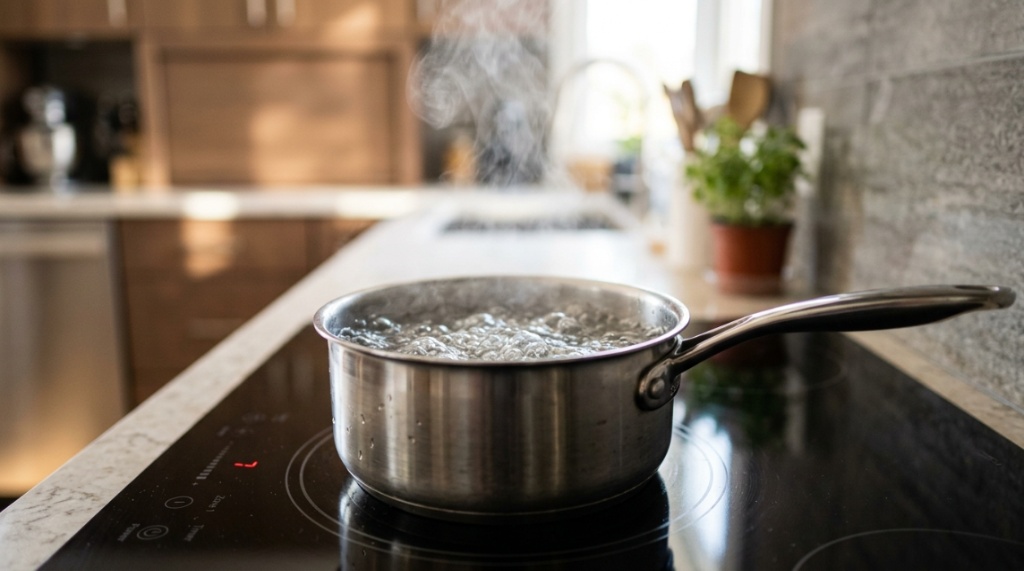 sleek kitchen featuring a built-in black glass induction cooktop on a clean countertop.