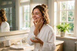 Bottle of retinol serum and peptide moisturizer on a marble countertop.