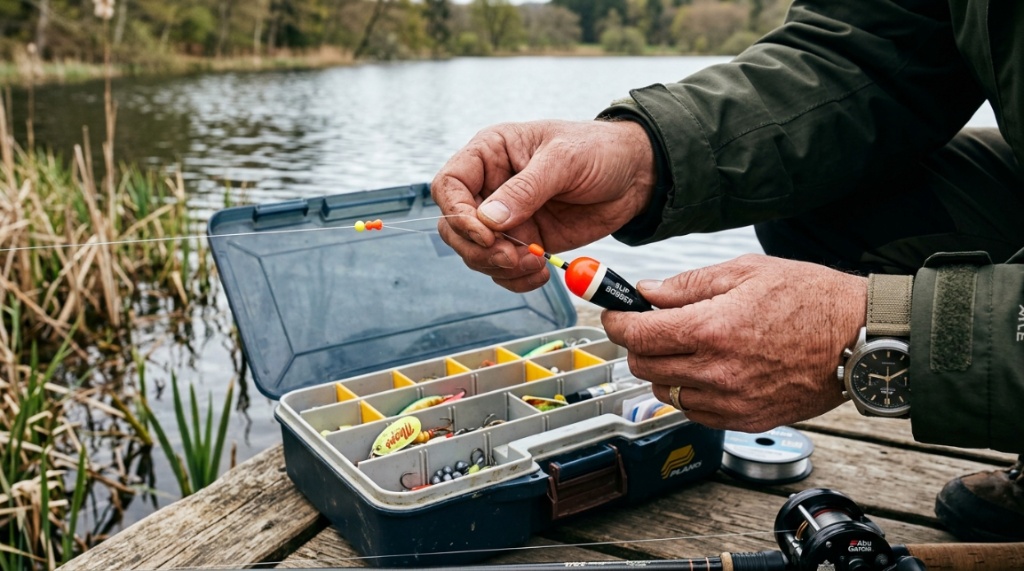 Red and white fishing bobber dipping into calm Georgia lake water.