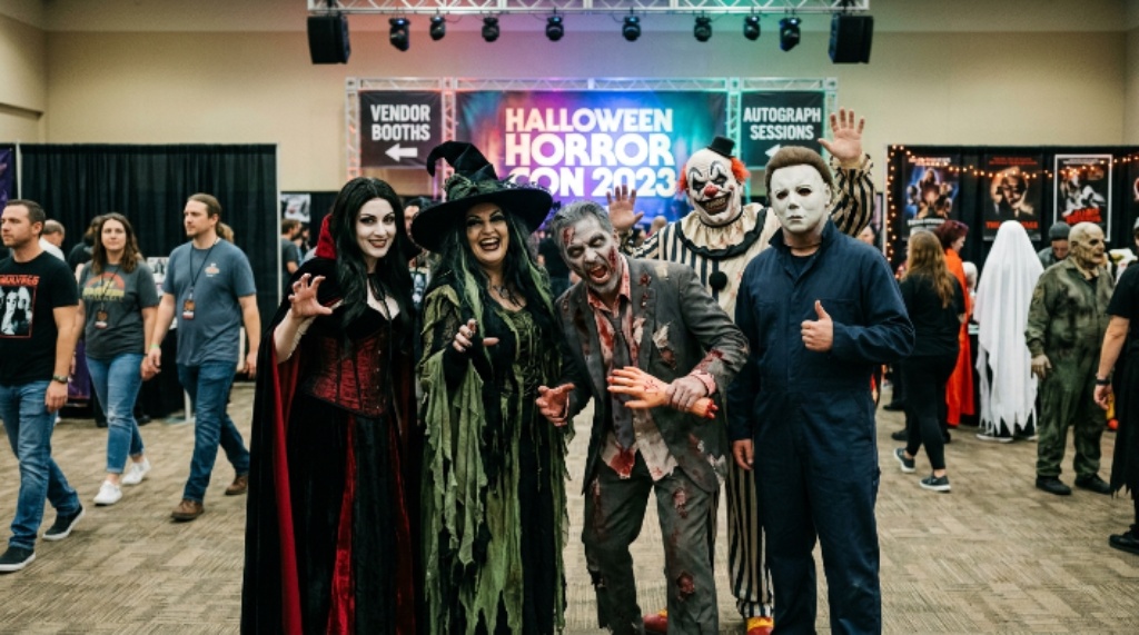 Costumed attendees posing at a Halloween weekend horror convention