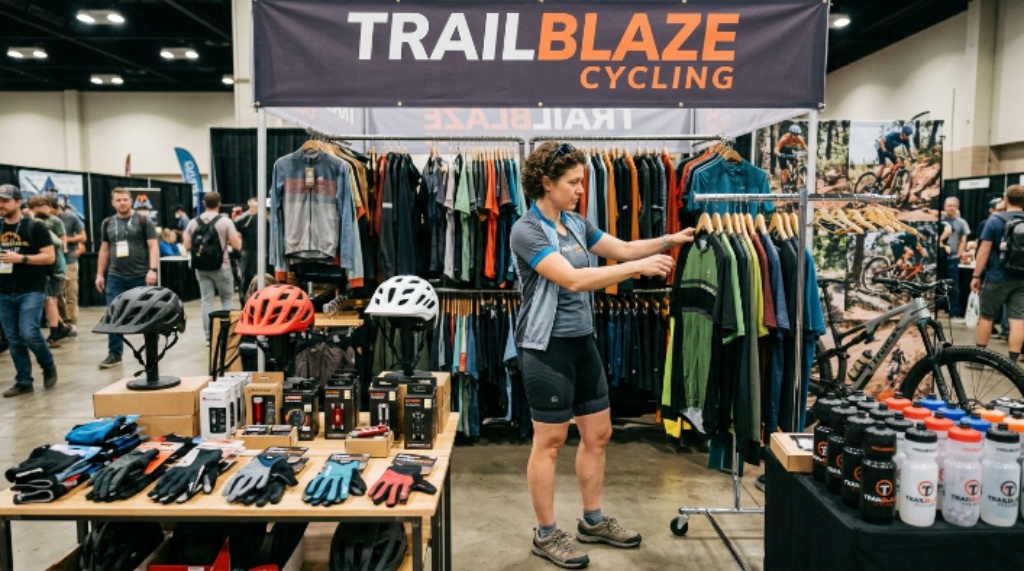 Cyclist browsing bike gear and apparel at an indoor expo booth