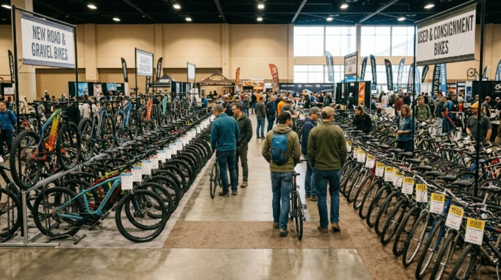 Rows of new and used bikes displayed at a Denver bike expo