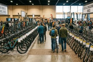 Rows of new and used bikes displayed at a Denver bike expo