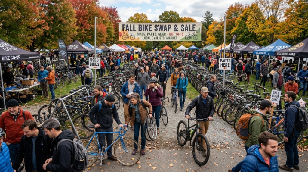 Crowd of visitors shopping for bikes at a fall bike swap event