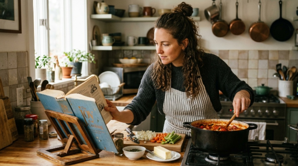 Home cook preparing a meal while referencing a classic recipe book