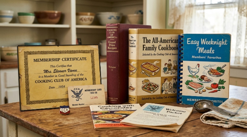 Vintage Cooking Club of America membership materials and cookbook collection