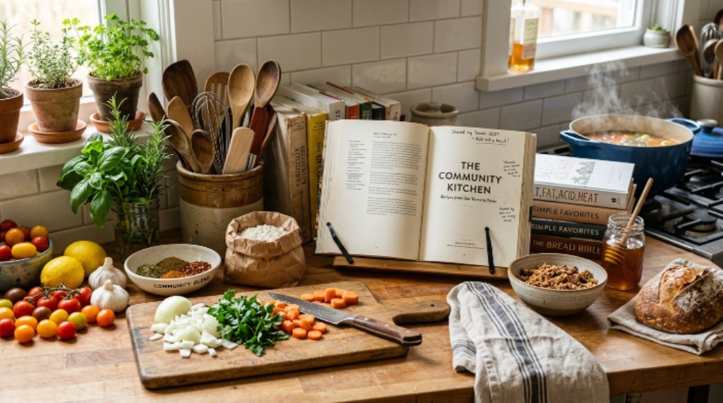Kitchen countertop with cookbooks, utensils, and ingredients representing home cooking communities