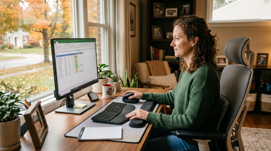 Office worker using an ergonomic vertical mouse for wrist comfort.