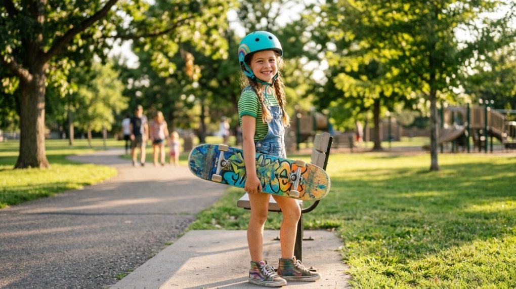 Child wearing a protective skate helmet holding a skateboard in a sunny park.