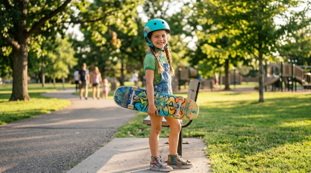 Child wearing a protective skate helmet holding a skateboard in a sunny park.