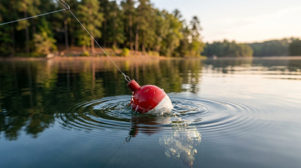 Angler attaching a slip bobber to a fishing line outdoors.