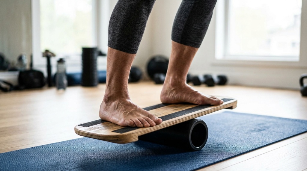 Close-up of feet balancing on a rolling balance board on a mat.