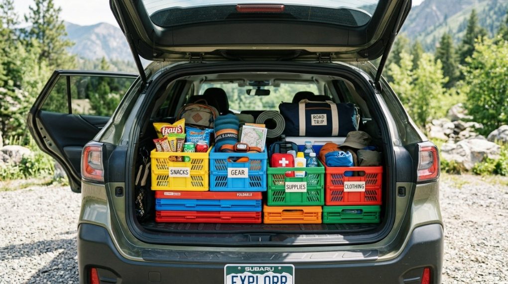 Colorful folding crates packed neatly inside a travel car trunk.