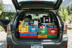 Colorful folding crates packed neatly inside a travel car trunk.