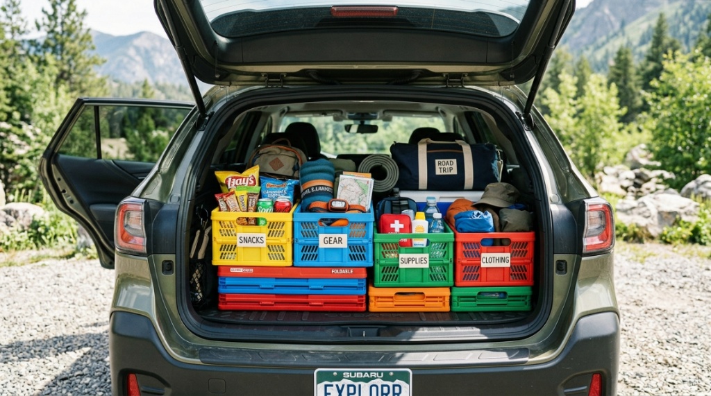 Colorful folding crates packed neatly inside a travel car trunk.