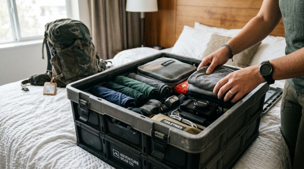 Traveler organizing gear inside a durable folding crate.