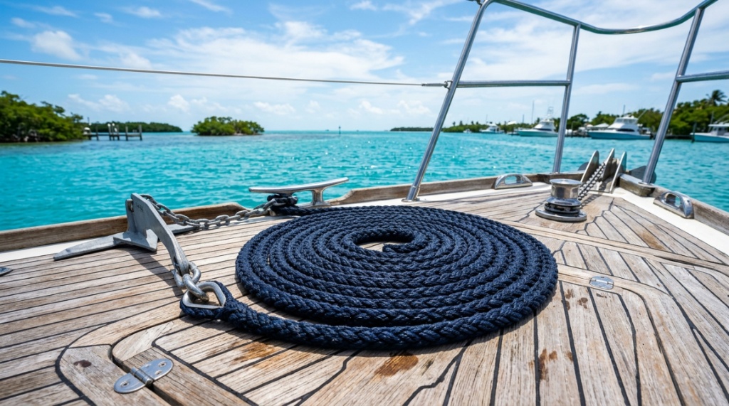 Coiled marine anchor rope on a boat deck overlooking Florida waters.