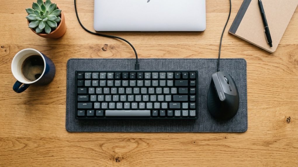 Budget ergonomic vertical mouse on a wooden desk setup.