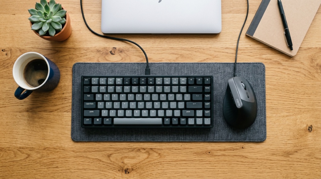 Budget ergonomic vertical mouse on a wooden desk setup.