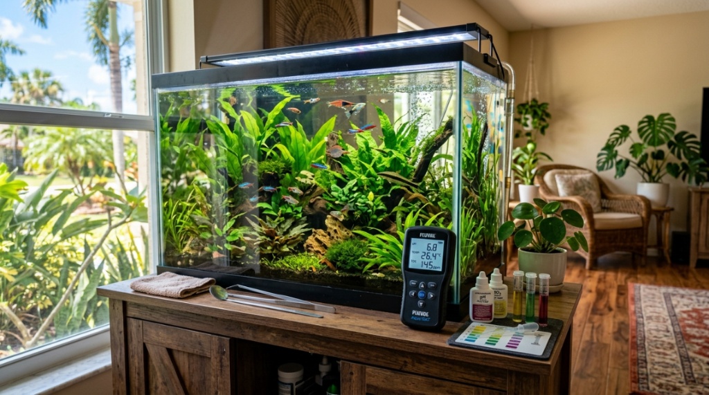 Hands testing aquarium water pH levels with a drop kit.