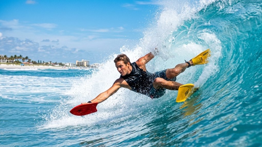 Surfer riding a Florida wave with a red handplane.
